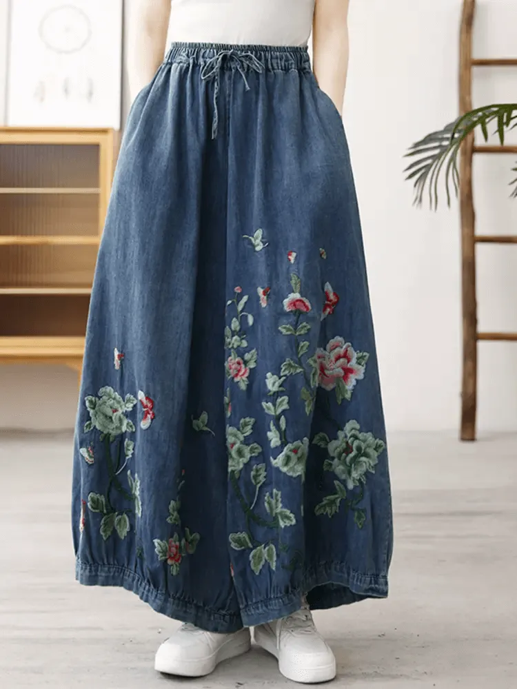 Babakud Women Autumn Floral Comfortable Cotton Denim Pants Light Fabric Low Profile Fasteners