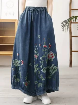 Babakud Women Autumn Floral Comfortable Cotton Denim Pants Light Fabric Low Profile Fasteners
