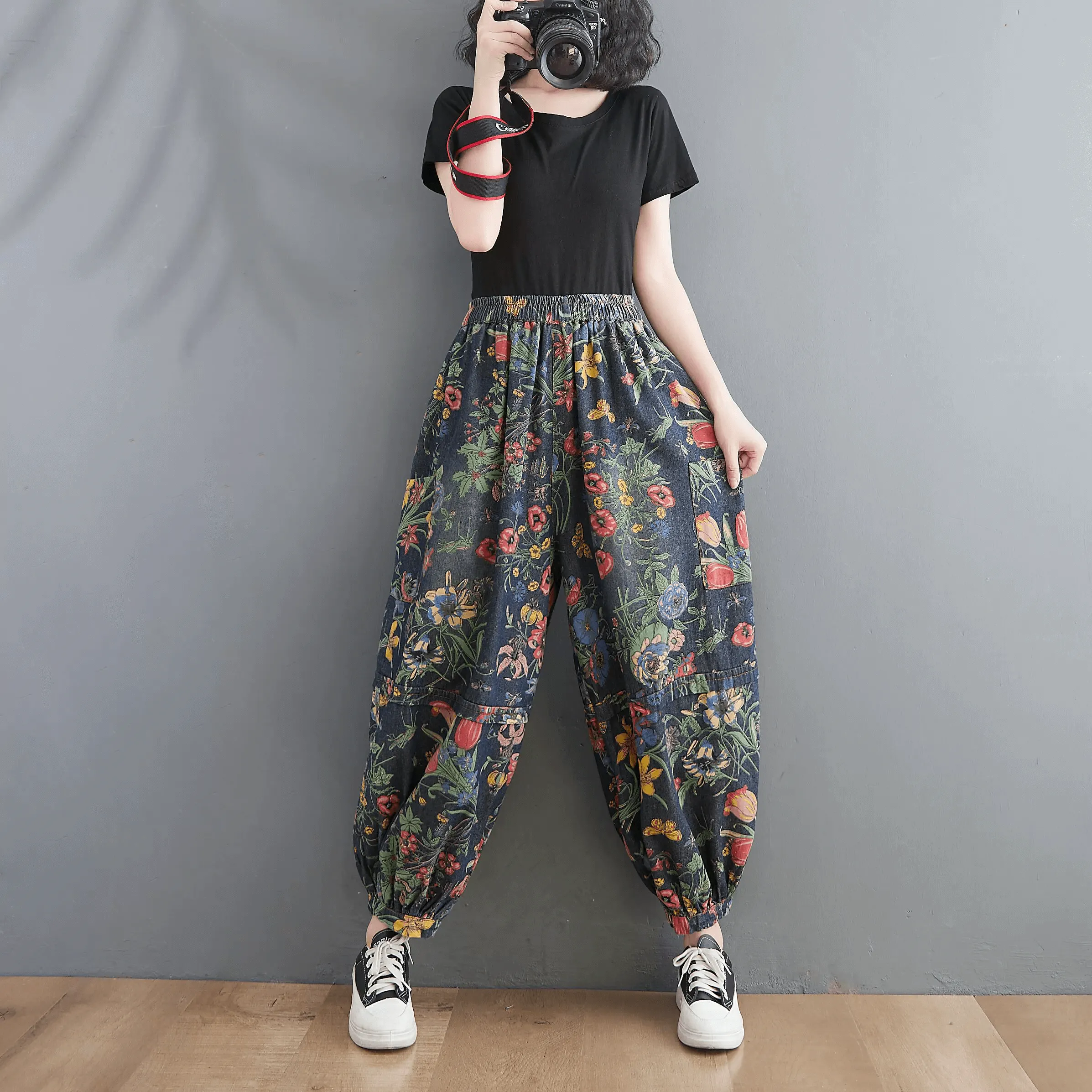 Babakud Women Autumn Retro Blossom High-Waist Harem Pants Rubberized Hem
