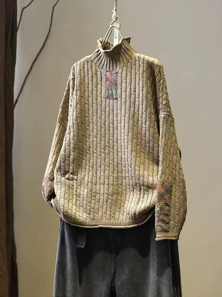 Babakud Women Autumn Retro Cotton Knitted Loose Sweater Soft Performance