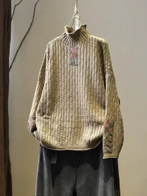 Babakud Women Autumn Retro Cotton Knitted Loose Sweater Soft Performance