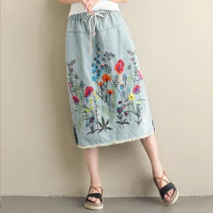 Soft Lines Babakud Women Autumn Winter Vintage Embroidery Denim Skirt