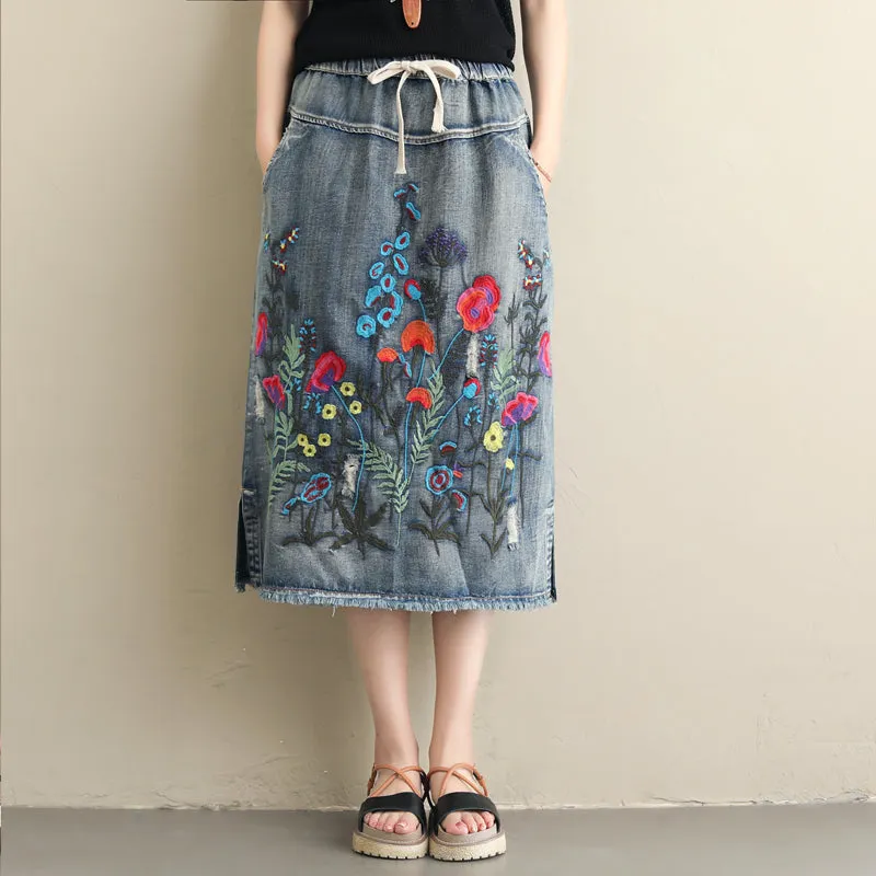 Babakud Women Autumn Winter Vintage Embroidery Denim Skirt Pleated Construction