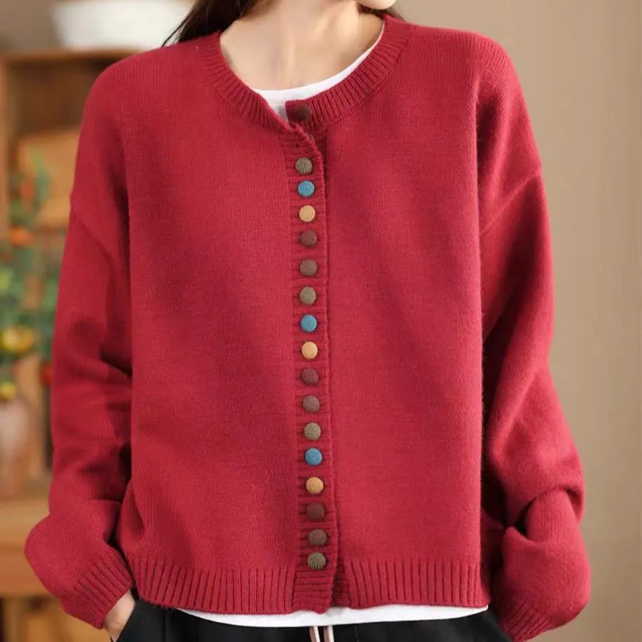 Softened Edges Babakud Women Autumn Wool Cotton Knitted Colorful Button Sweater