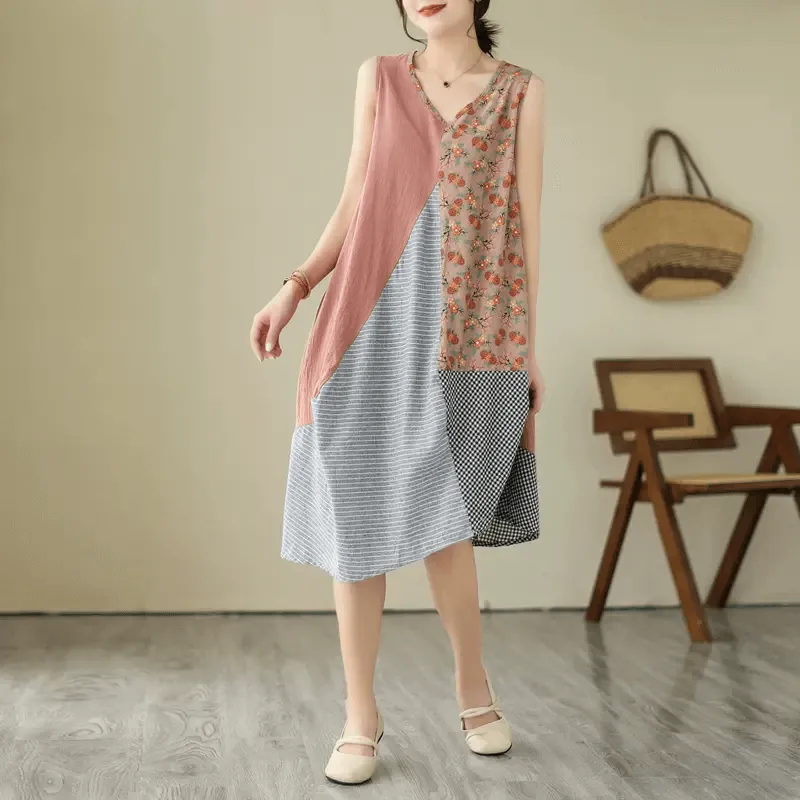 Work Vibe Babakud Women Patchwork Cotton Linen Midi Dress