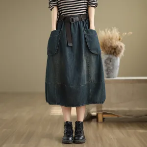 Babakud Women Spring Retro Denim Elastic Waist Midi Skirt Flow Look