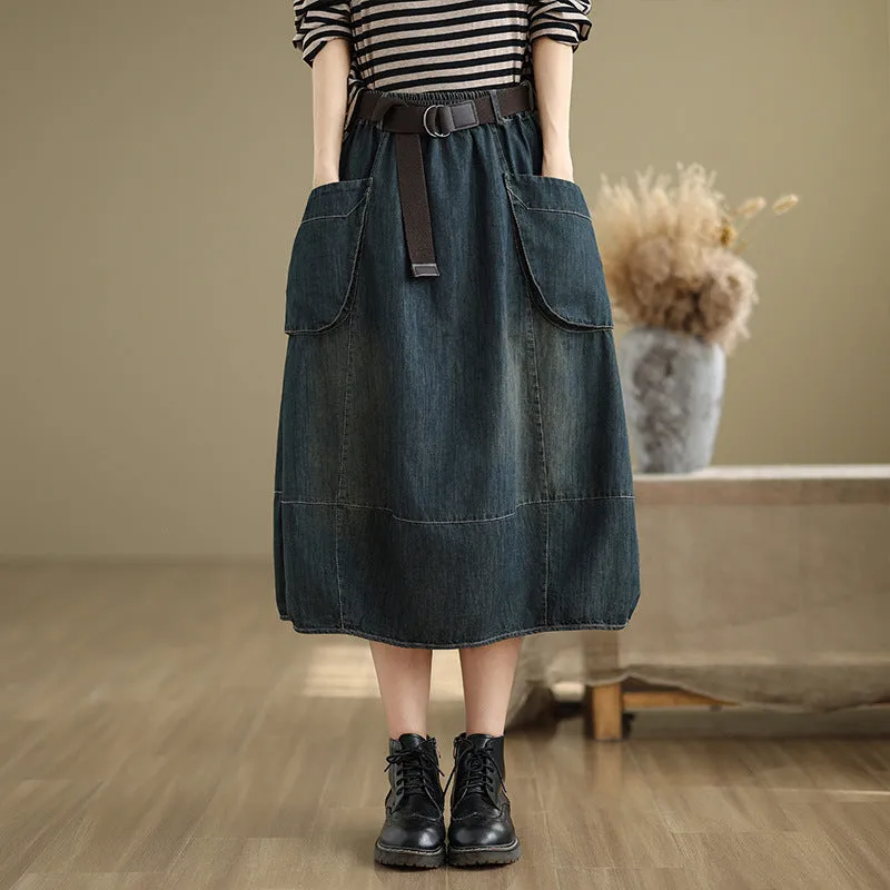 Smooth Edging Babakud Women Spring Retro Denim Elastic Waist Midi Skirt