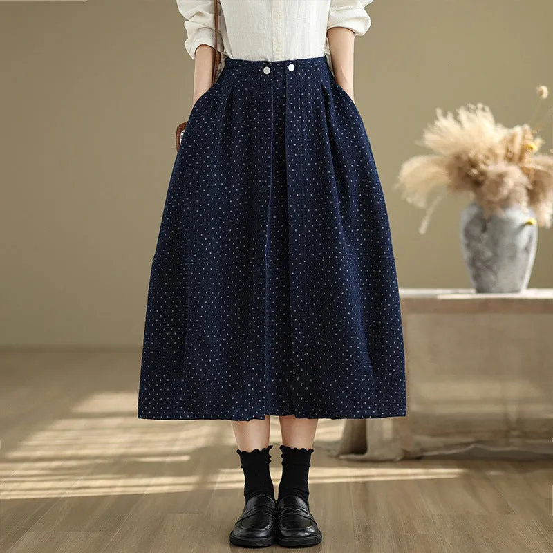 Babakud Women Spring Vintage Knit Denim Skirt with Polka Dot Design Simple Outfit Flowy Drape