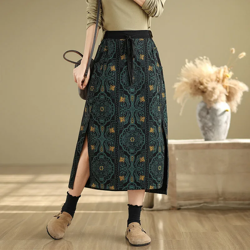 Babakud Women Spring Vintage Side-Slit Printed Denim Skirt Structured silhouette Reinforced Hemline