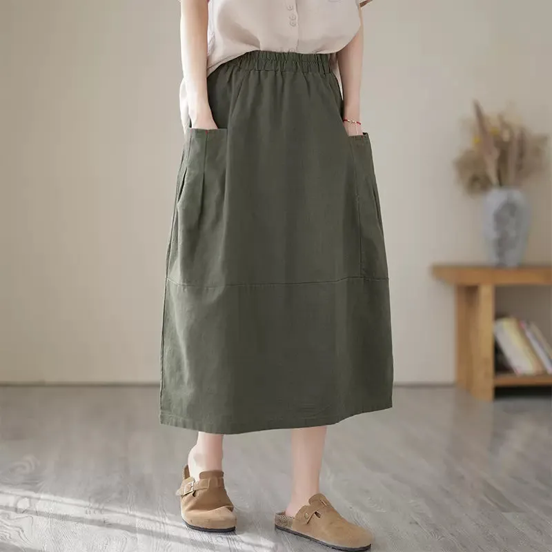 Babakud Women Summer Classic Cotton Linen Skirt Split hem