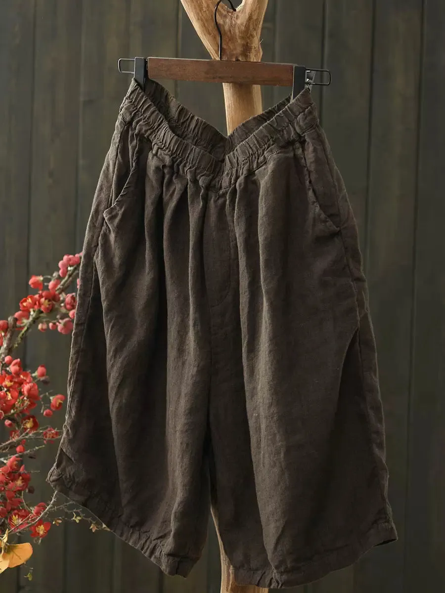 Babakud Women Summer Simple Linen Elastic-Waist Pants Metallic accents