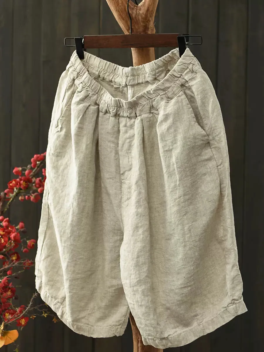 Babakud Women Summer Simple Linen Elastic-Waist Pants Durable Seam Construction