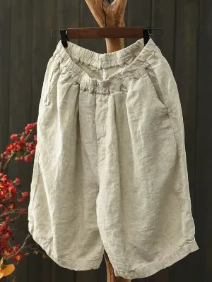 Babakud Women Summer Simple Linen Elastic-Waist Pants Durable Seam Construction