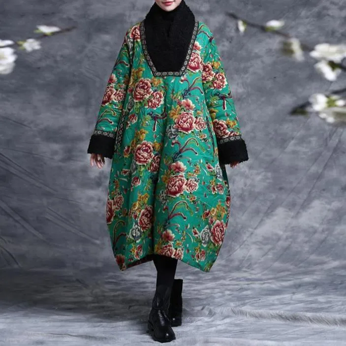 spring season Windproof Barrier Design Babakud Women Winter Ethnic Flower Cotton Long Coat