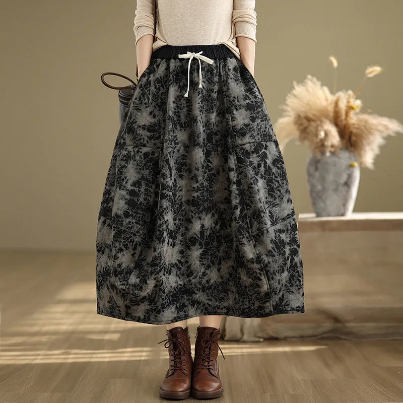 Comfy Wear ribbed texture Babakud Women Winter Loose Fit Fleece-Lined Denim A-Line Skirt