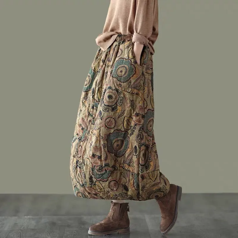 Babakud Women Winter Retro Loose Quilted Flower Bud Skirt Button Fastenings Minimal Touch