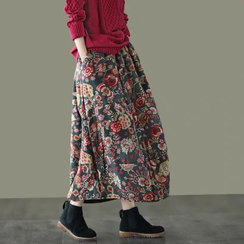 Babakud Women Winter Retro Loose Quilted Flower Bud Skirt Bestseller Item