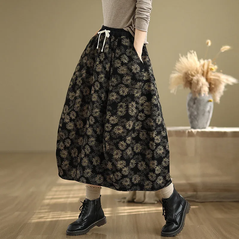 Babakud Women Winter Retro Printed Floral Fleece-Lined A-Line Skirt Airy Look Casual Moments