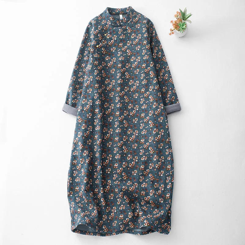 Babakud Women Winter Thickened Printed Floral Loose Fit Cotton Linen Dress Front Ruffle Stain-Resistant