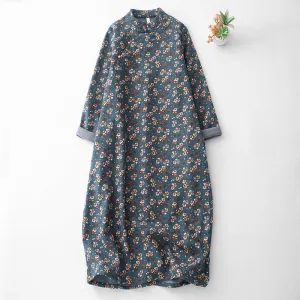 Babakud Women Winter Thickened Printed Floral Loose Fit Cotton Linen Dress Move Free Minimal Tone