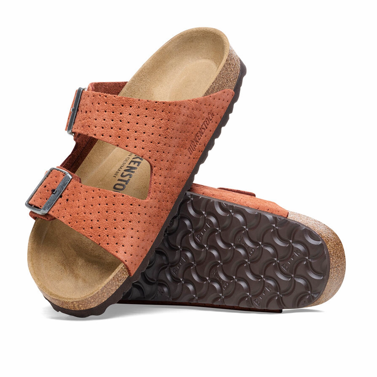 Easy Slip Fit Birkenstock Arizona Narrow Slide Sandal (Women) - Dotted Burnt Orange Suede