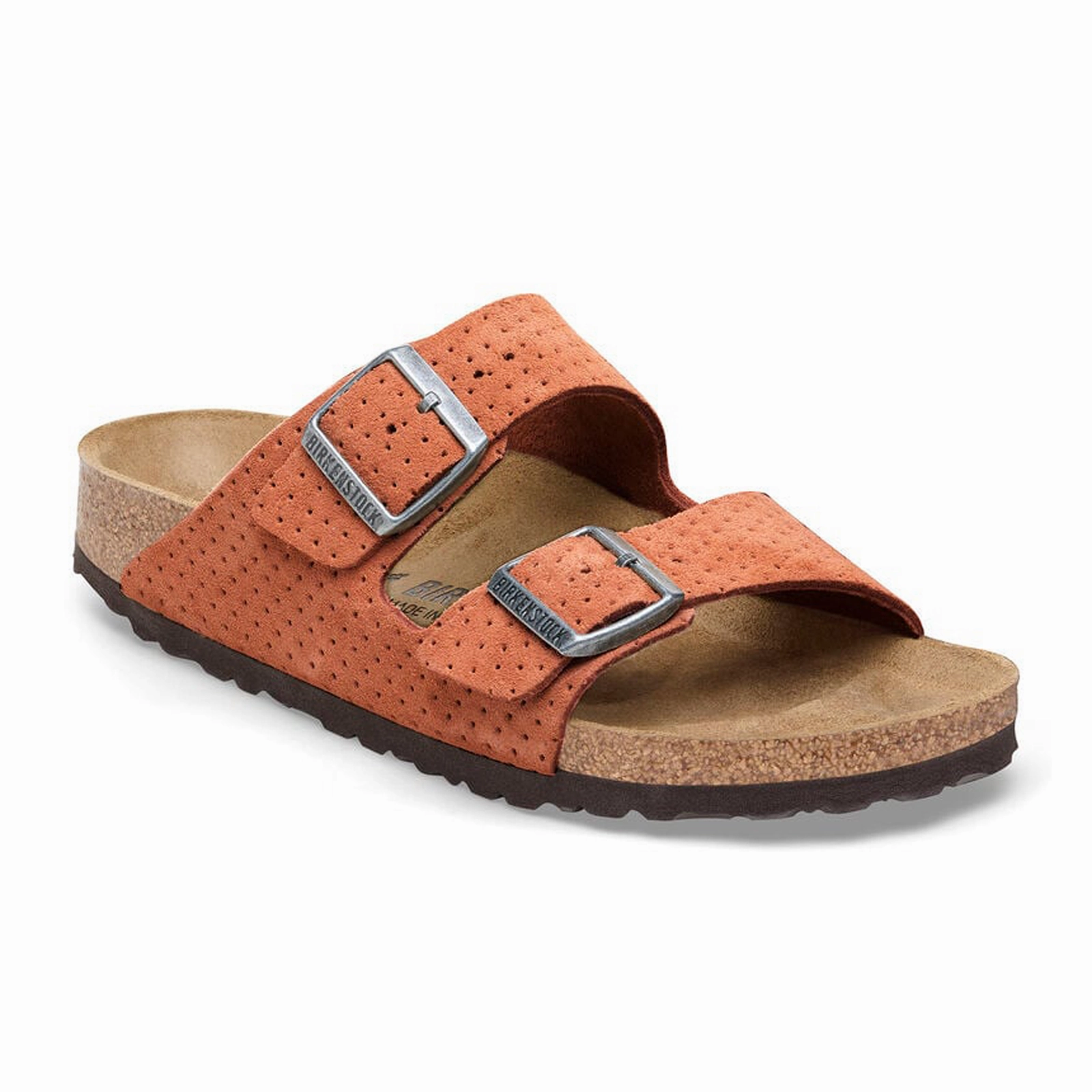 slim fit Water-Resistant Slides Birkenstock Arizona Narrow Slide Sandal (Women) - Dotted Burnt Orange Suede