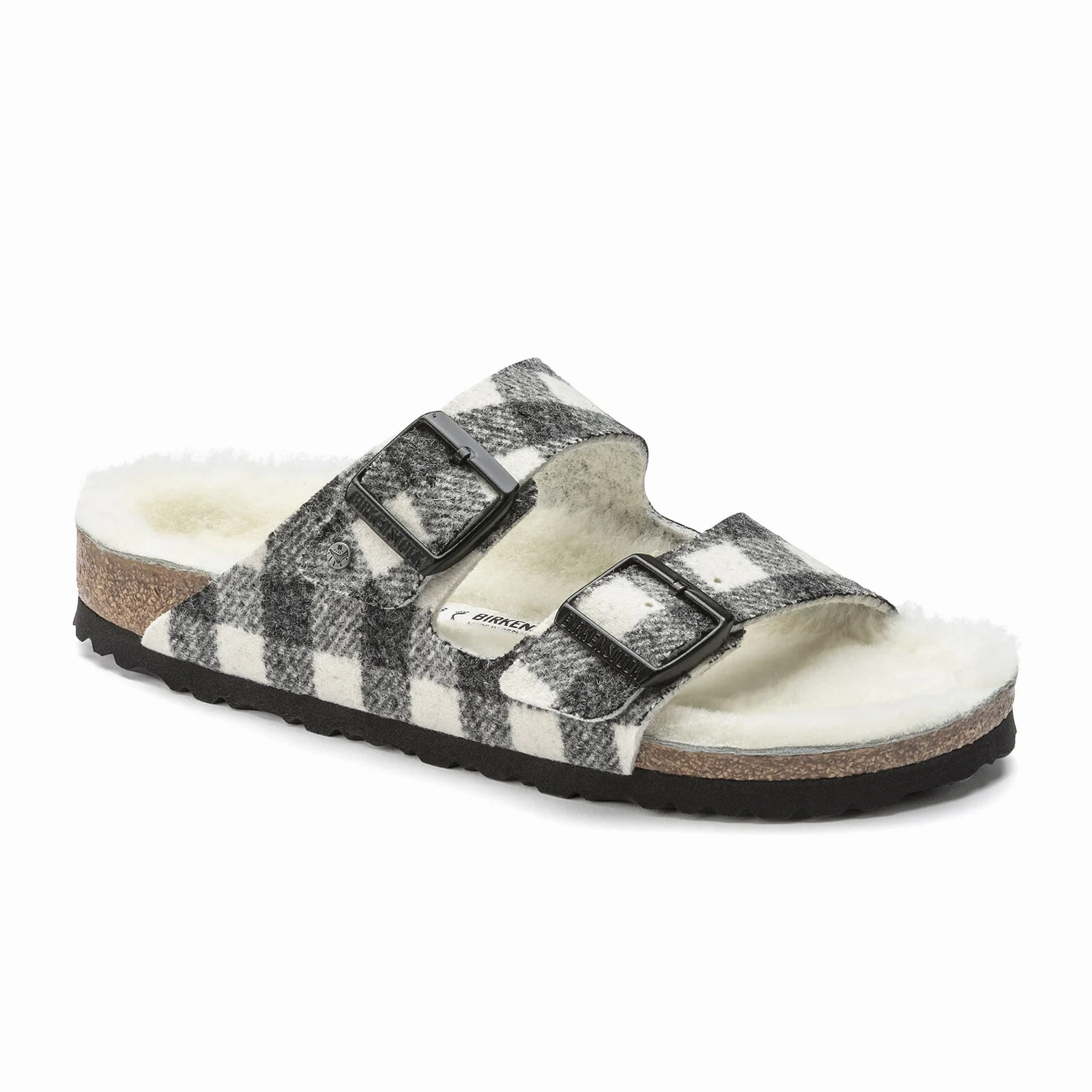 heel cup Birkenstock Arizona Slide Sandal (Women) - Plaid White Wool/Natural Shearling