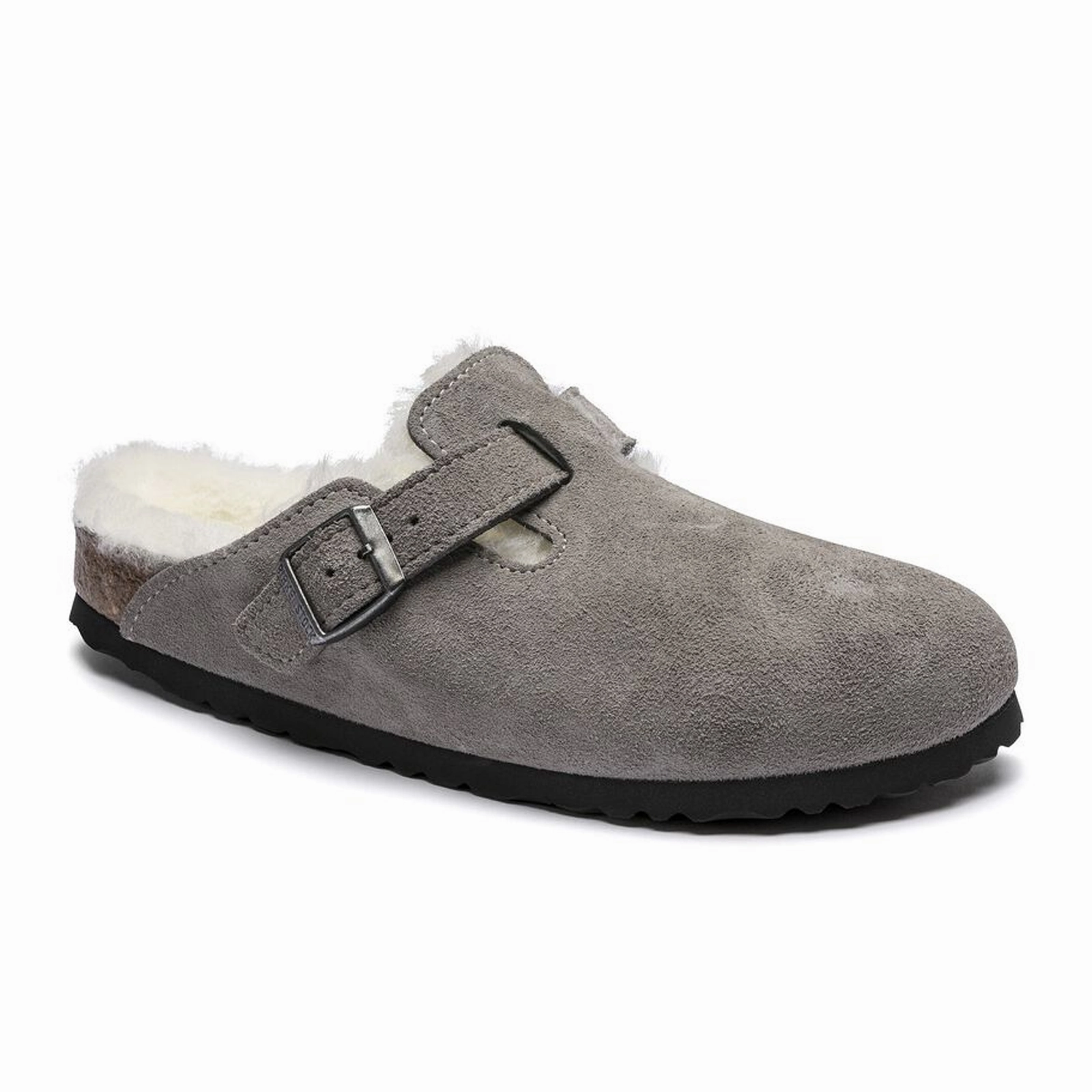 Birkenstock Boston Narrow Clog (Women) - Stone Coin Suede/Natural Shearling Slip   On
