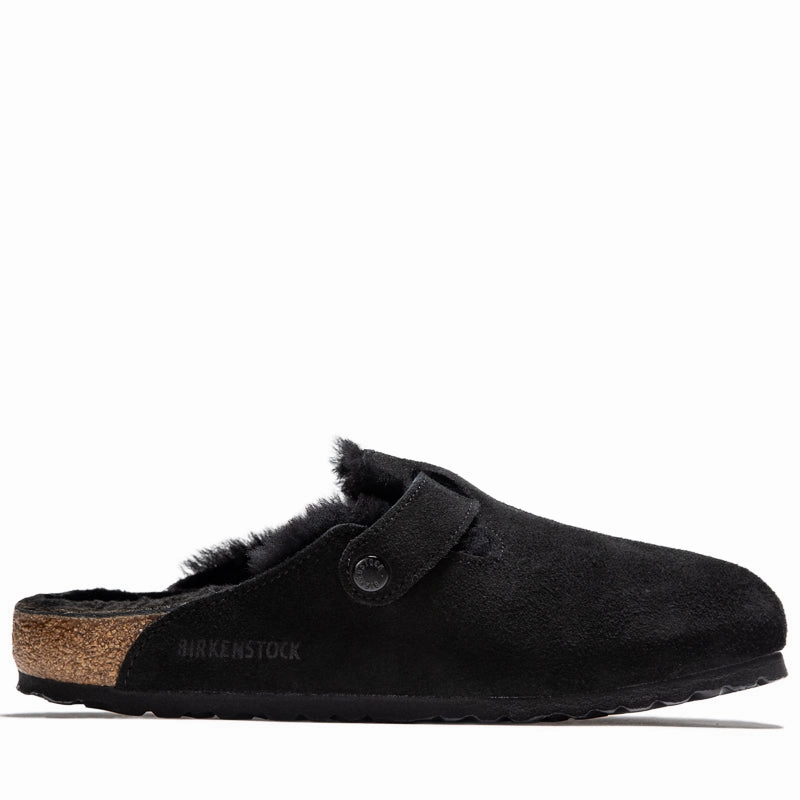 Birkenstock Boston Shearling Suede - Black Lightweight Sole