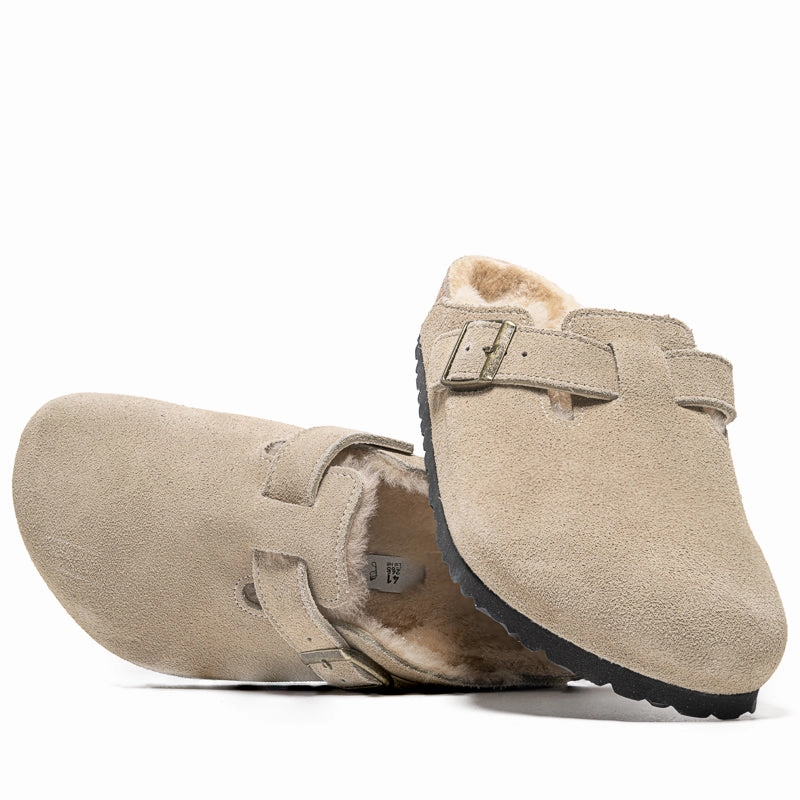 Birkenstock Boston Shearling Suede Shearling - Taupe Sand Safe Path