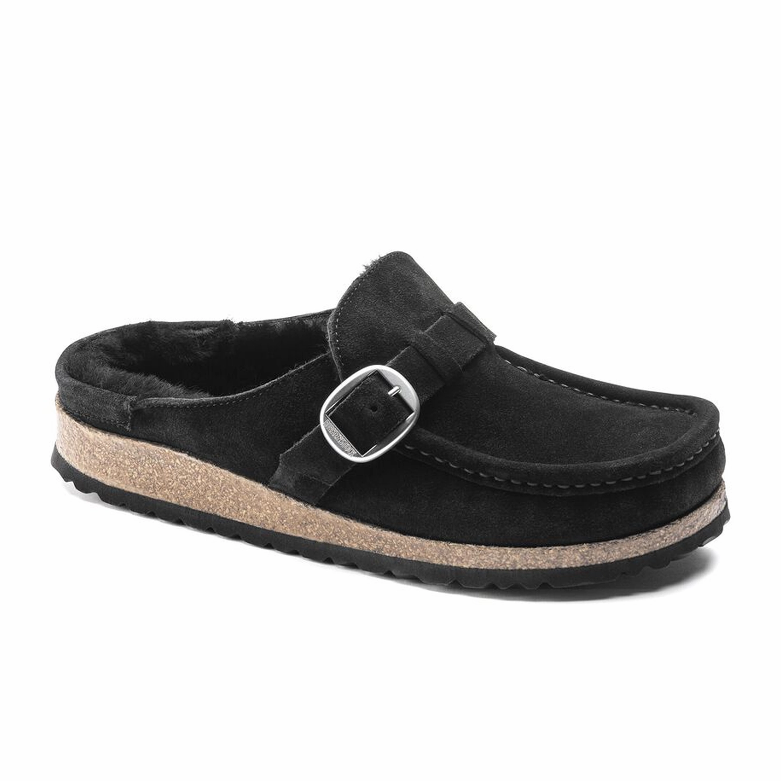 Birkenstock Buckley Narrow Clog (Women) - Black Suede/Black Shearling Elegant Flat