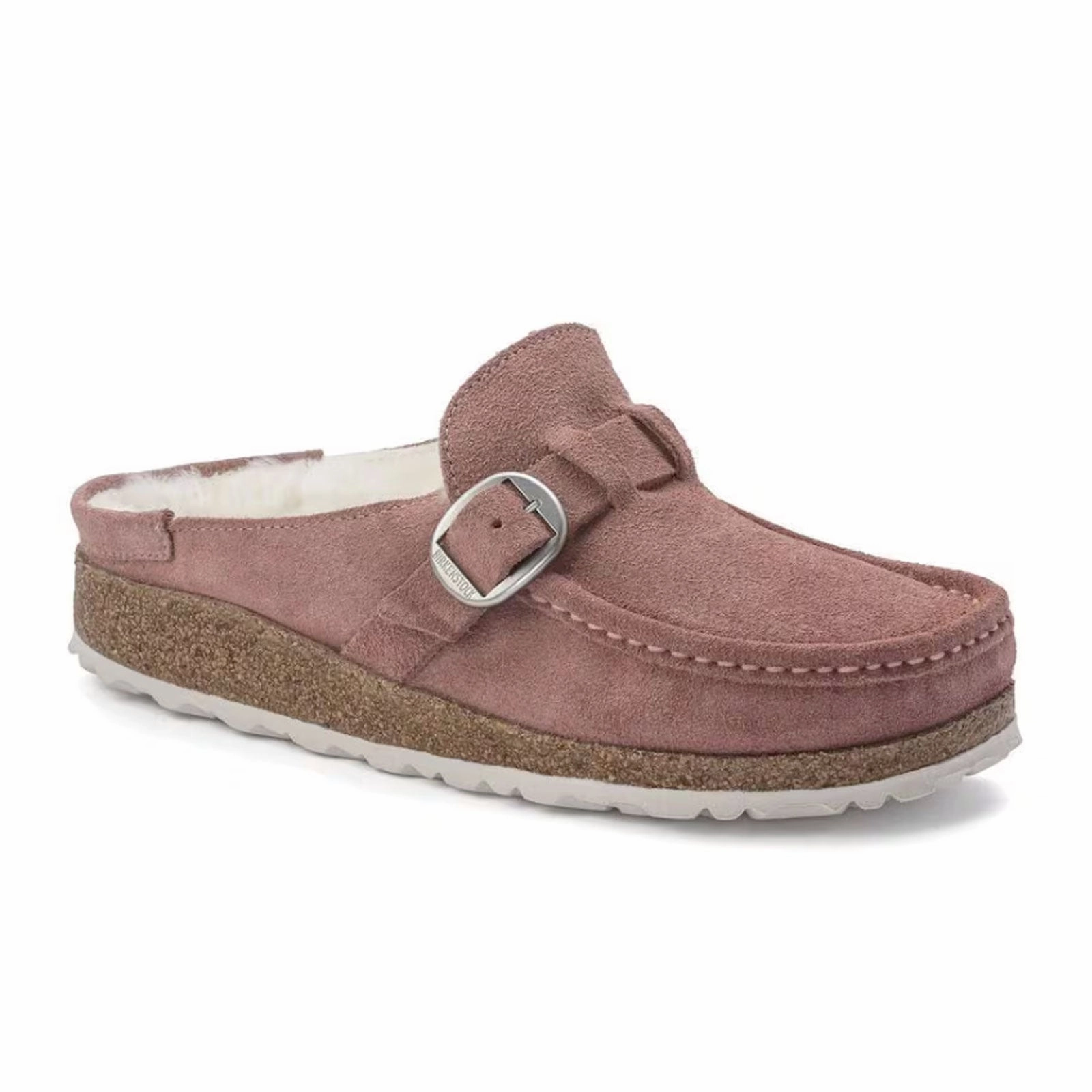 Birkenstock Buckley Narrow Clog (Women) - Pink Clay Suede/Natural Shearling Soft Touch Path Steady