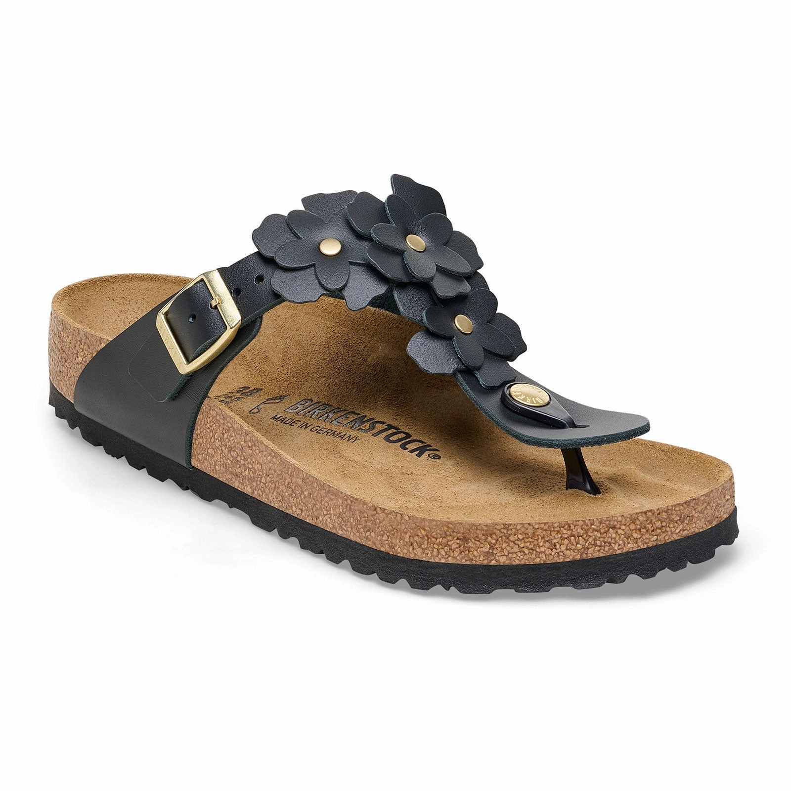 Birkenstock Gizeh Flowers Sandal (Women) - Black Leather Great Comfort Light Slip Shoes