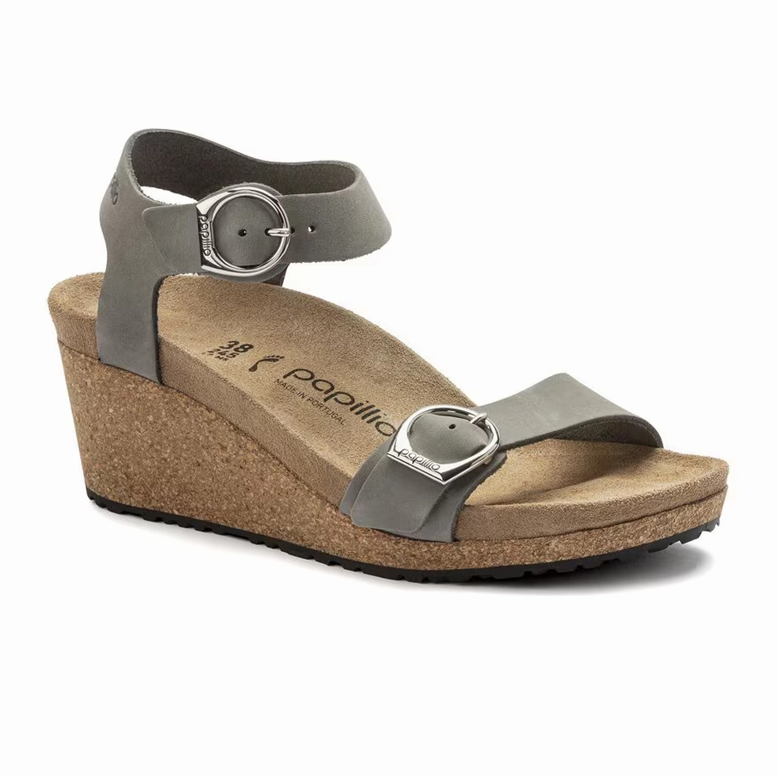 Birkenstock Soley Ring-Buckle Narrow Wedge Sandal (Women) - Dove Gray Nubuck Slip Resistant Tread