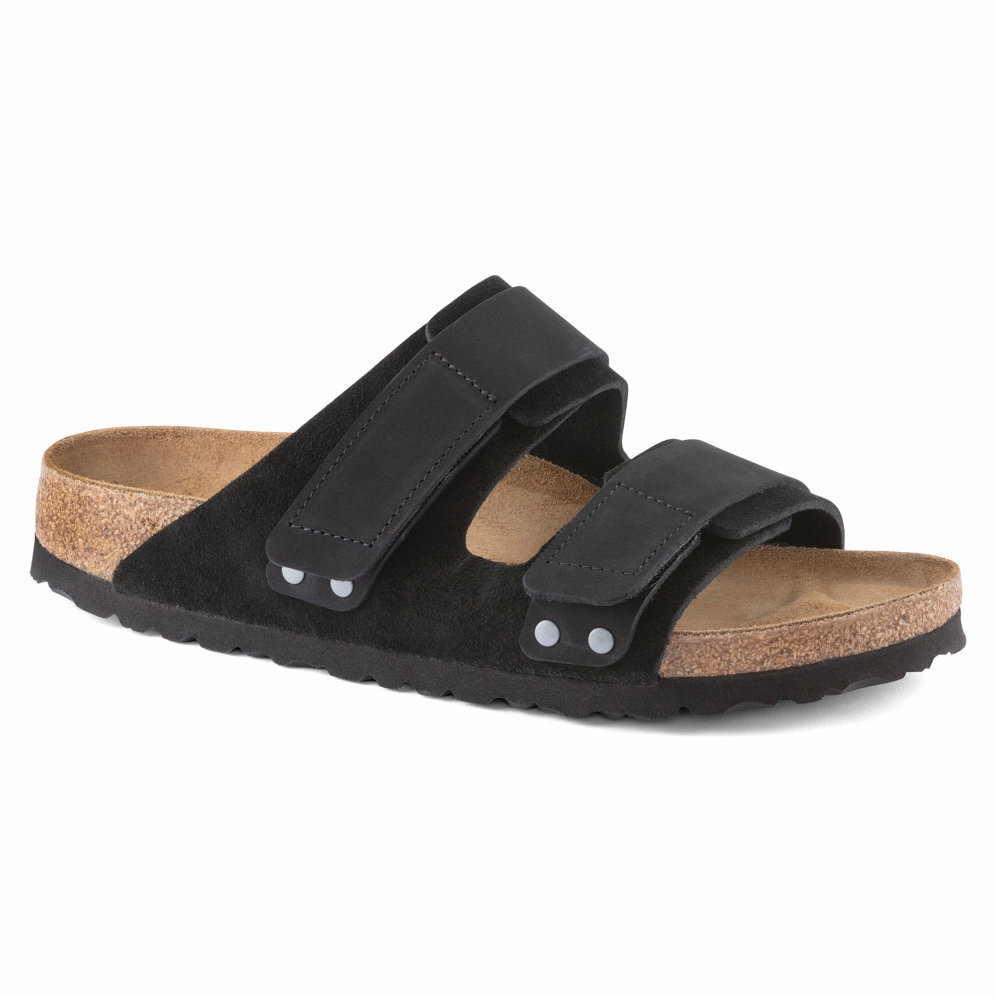 Birkenstock Uji Black Nubuck/Suede Minimalist Drop Profile running in a desert oasis area shoes
