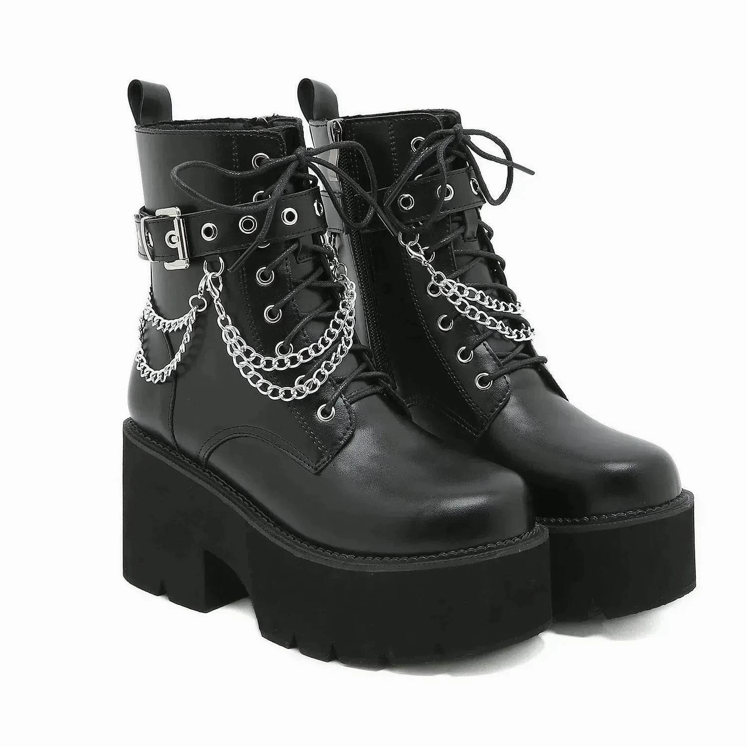 Black Block heeled  Buckled Ankle boot Gothic for women Snow Rugged Winter Frost Guard