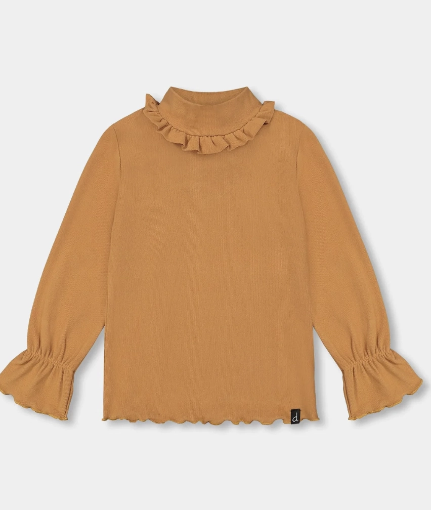 Metallic looking children's wear Modern Rib Mock Neck Top w/Frills - Golden Brown