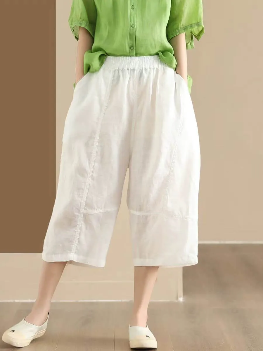 Low Profile Waistband Babakud Women Summer Vintage Ramie Casual Cropped Pants