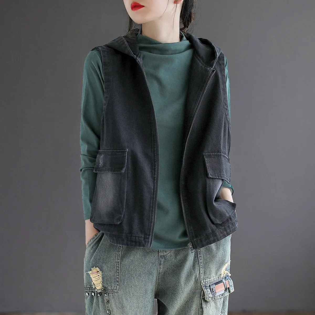 Weight Industrial Strength Stitching Women Casual Hooded Zipper Loose Denim Vest