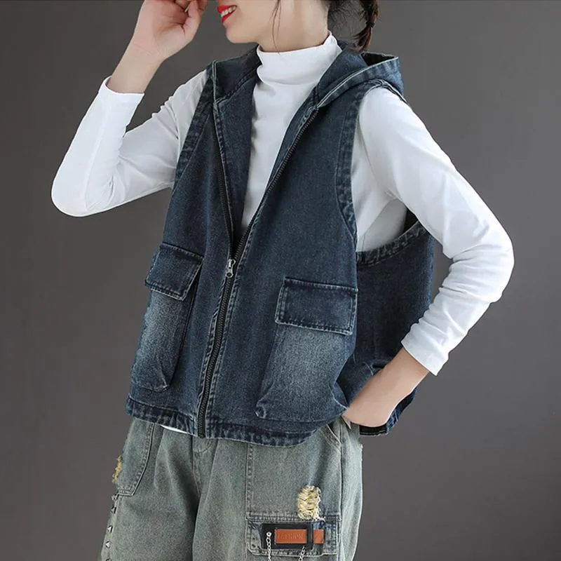 Women Casual Hooded Zipper Loose Denim Vest safeguard formulation
