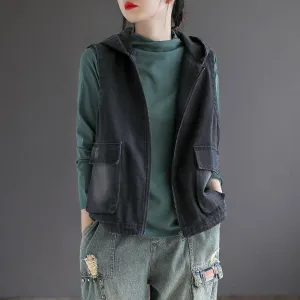 Weight Industrial Strength Stitching Women Casual Hooded Zipper Loose Denim Vest
