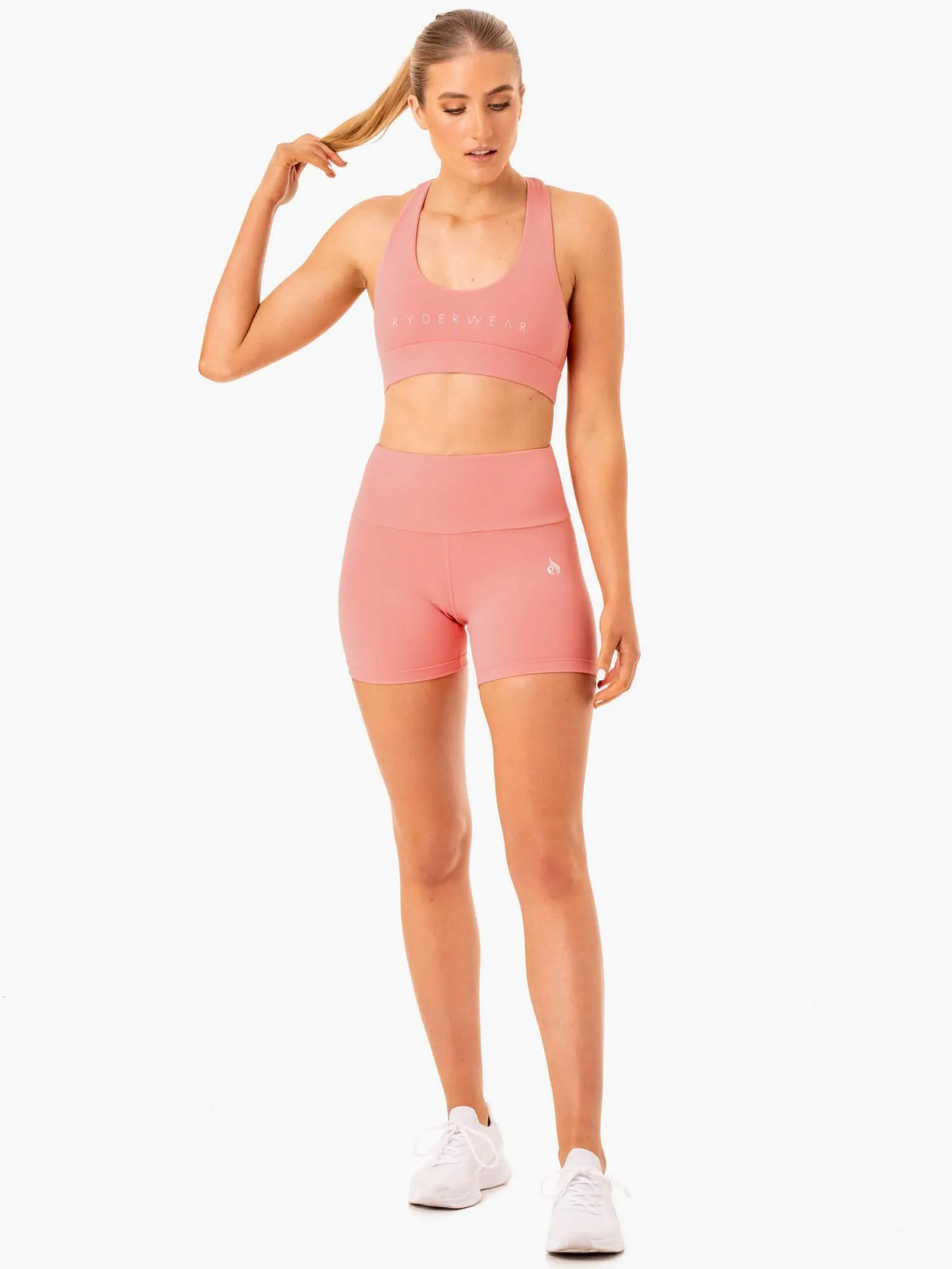 Staples Scrunch Bum Mid Length Shorts - Rose Pink Mesh Fabric Beach Bound