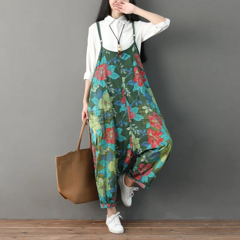 Women Summer Retro Floral Printed Strappy Pants Elastic waist Daily Motion