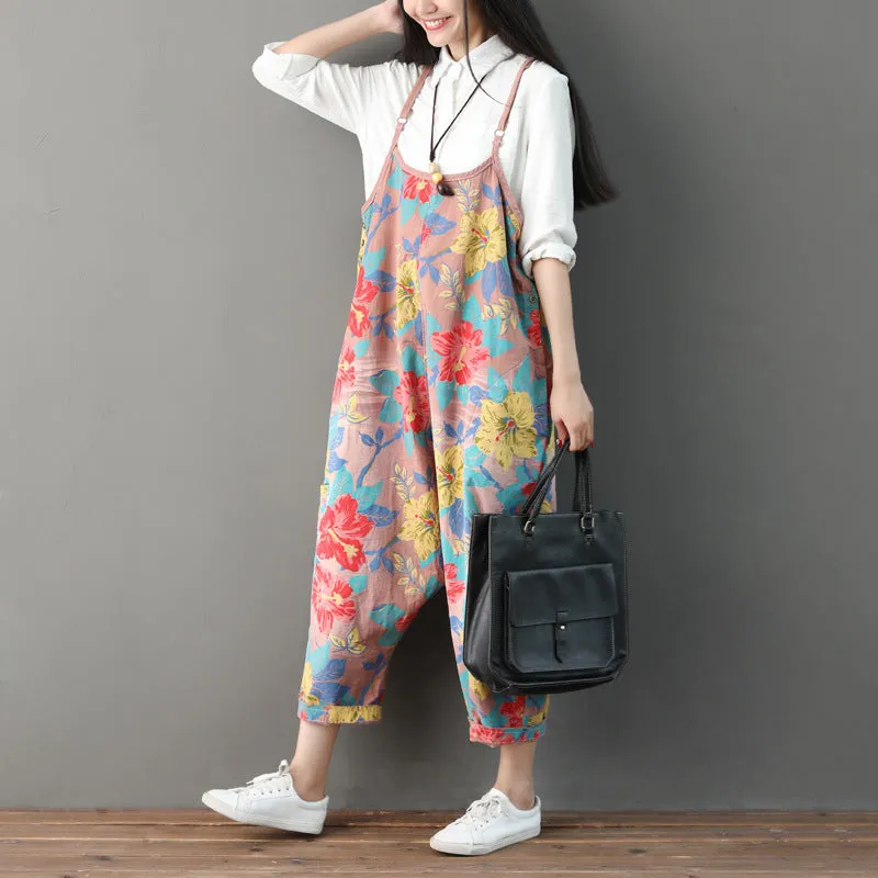Breathable Stretch Women Summer Retro Floral Printed Strappy Pants