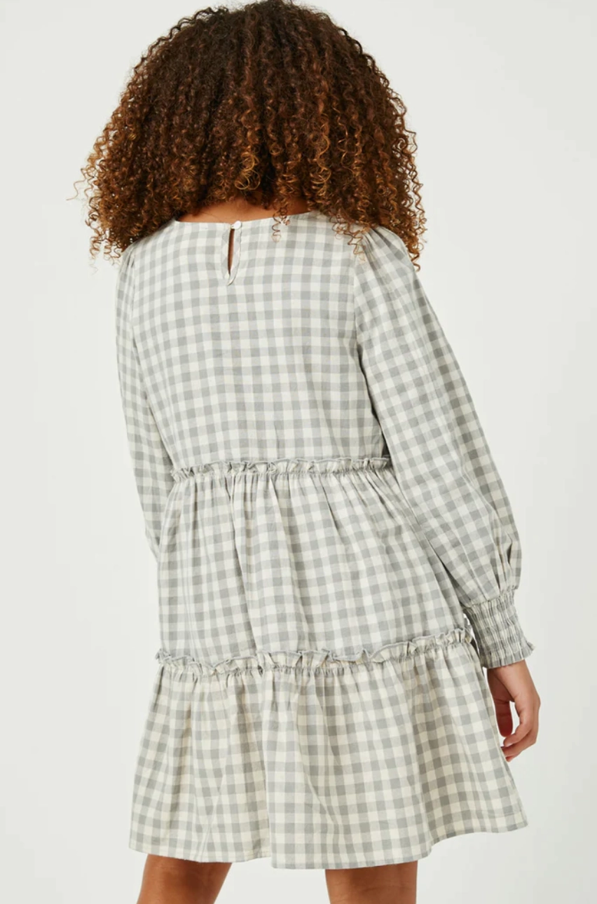 Stretchable kids' wear nylon Girls Smocked Cuff V Neck Tiered Plaid Dress- Grey