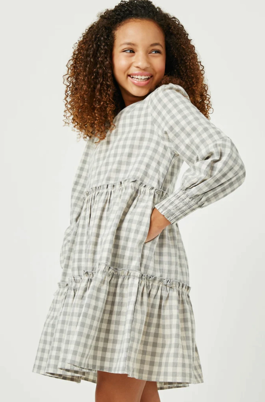 Cowboy wear for kids Girls Smocked Cuff V Neck Tiered Plaid Dress- Grey