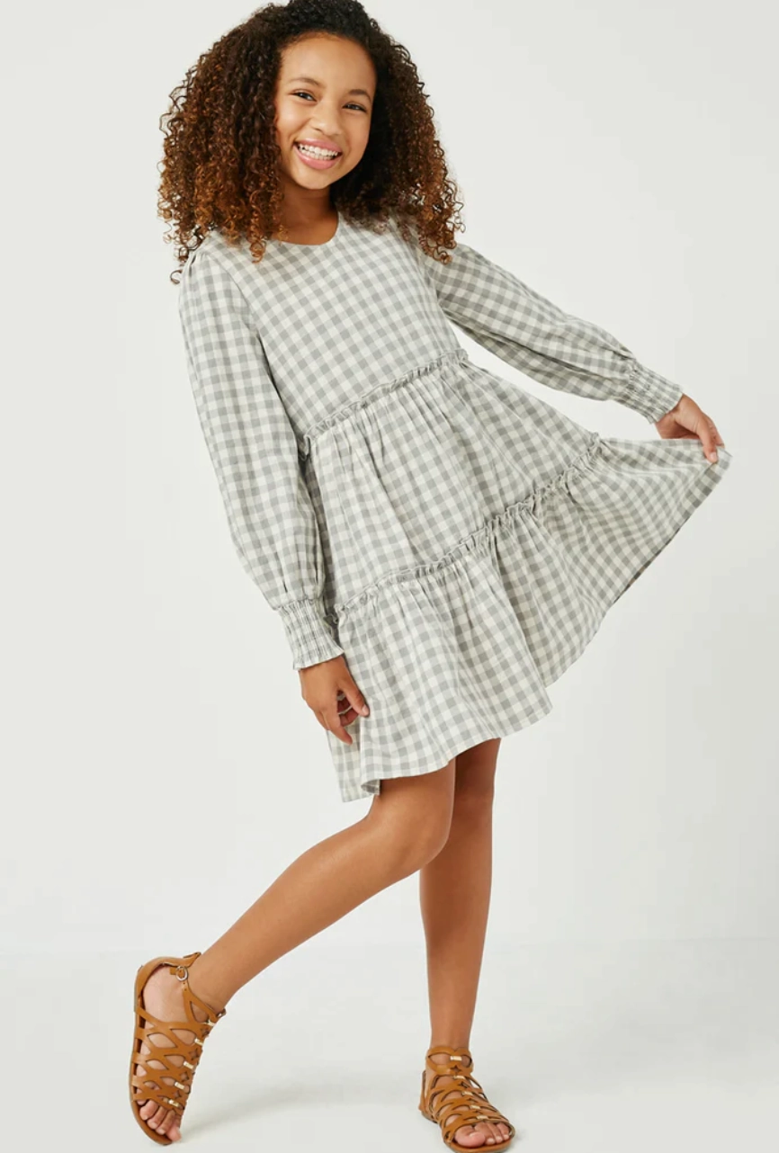 Active - wear Polyester Girls Smocked Cuff V Neck Tiered Plaid Dress- Grey