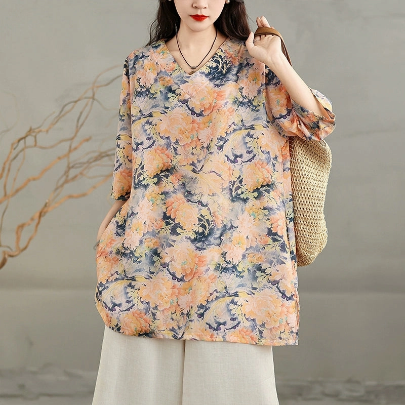 Ladies Retro Printed Loose V-Neck Mid-Length Cotton Linen T-Shirt Flexible Ribbed Neckline