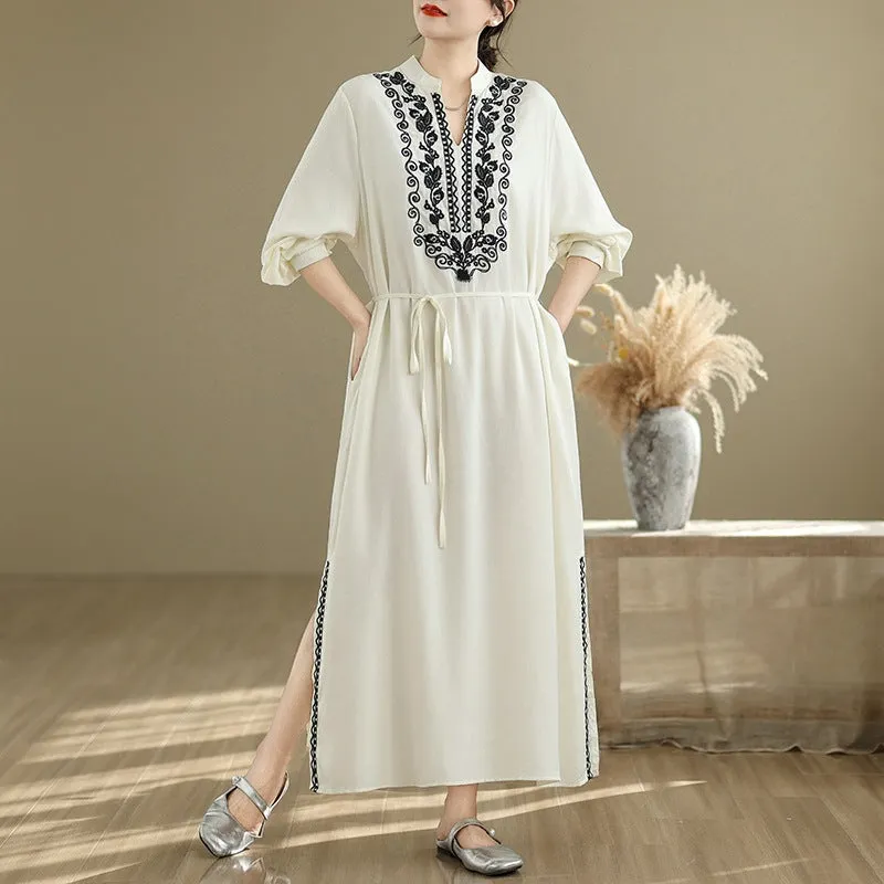 Babakud Women Spring Vintage Ethnic Embroidered Linen Maxi Dress Smooth Fit