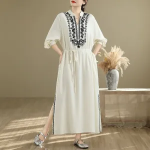 Babakud Women Spring Vintage Ethnic Embroidered Linen Maxi Dress Smooth Fit